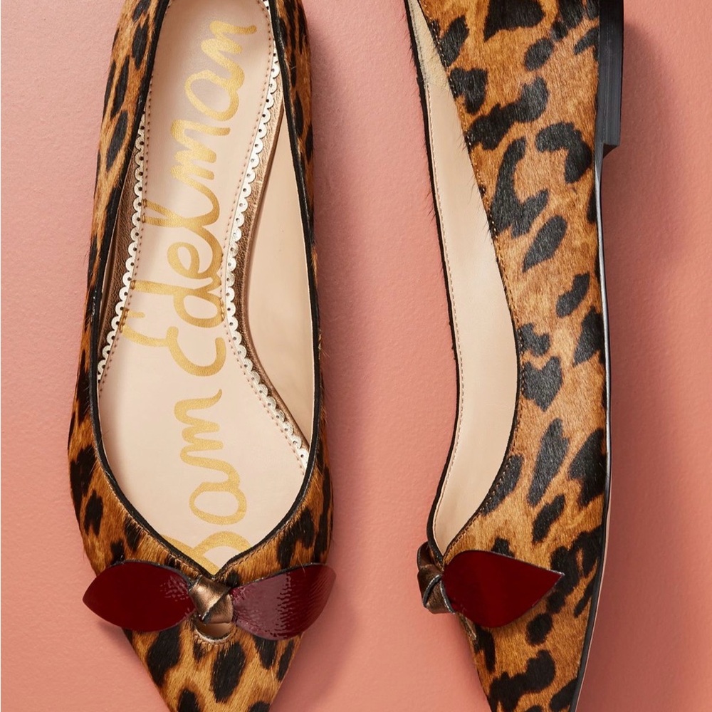 Sam Edelman Leopard Print Pointed Ballet Flats with Burgundy Bow